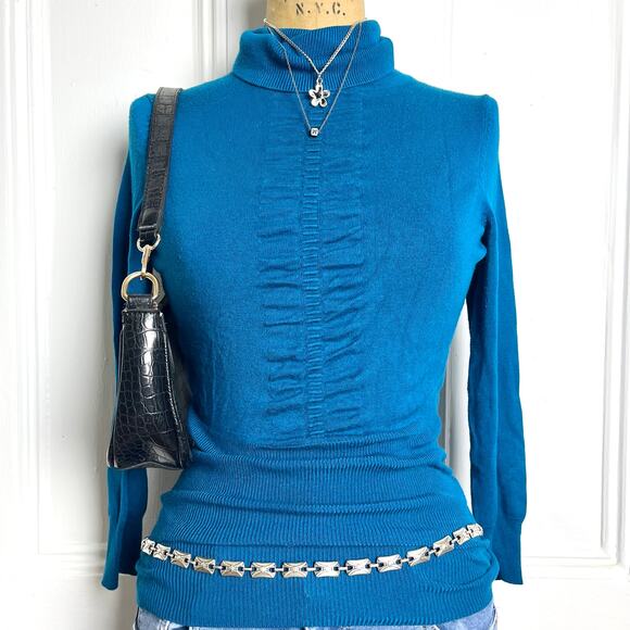Express blue long sleeve ribbed turtleneck with scrunched front design, size xs - Picture 3 of 7
